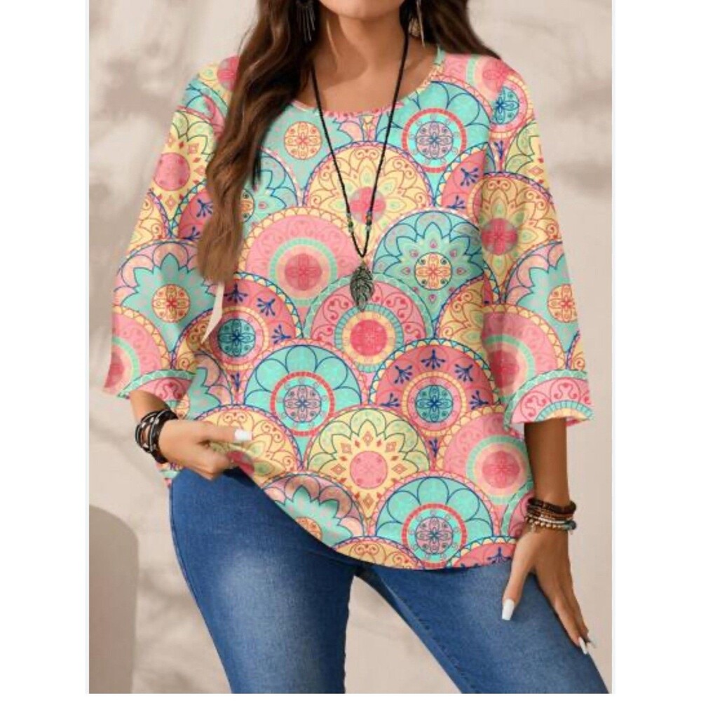 EMERY ROSE Plus Size Casual Minimalist All-Over Print Crew Neck 3/4 Sleeve 4XL